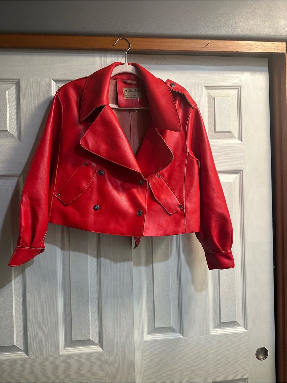 We The Free Red Cropped Faux Leather Moto Jacket